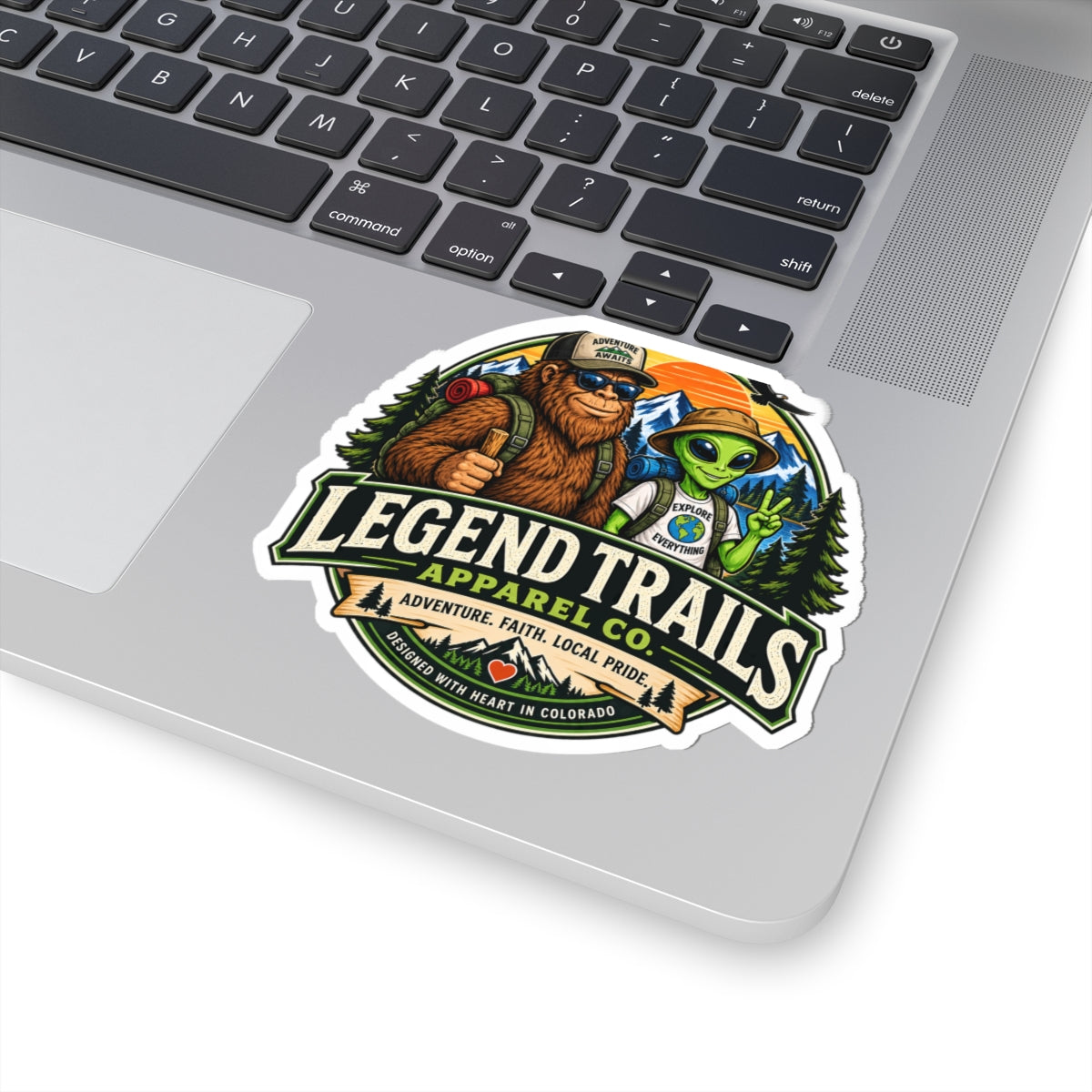 Legend Trails Kiss-Cut Sticker — Sasquatch & Alien Hiker Adventure Badge