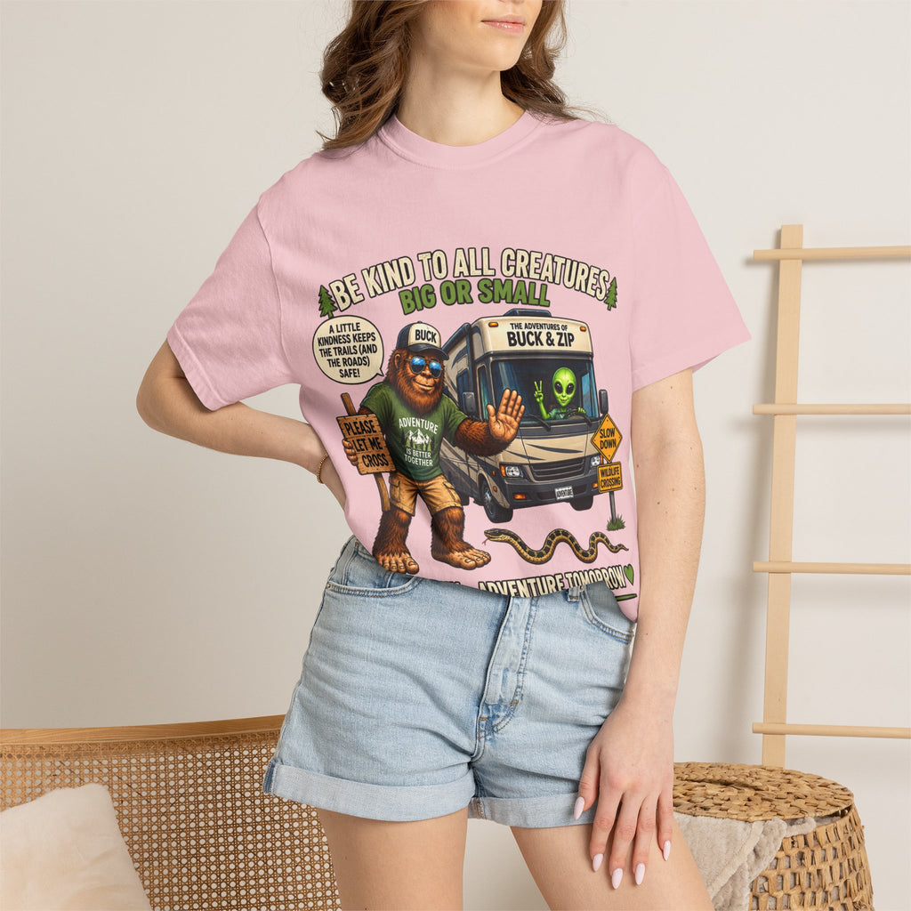 Bigfoot & Alien Rescue T-Shirt — "Be Kind to All Creatures" Adventure Tee
