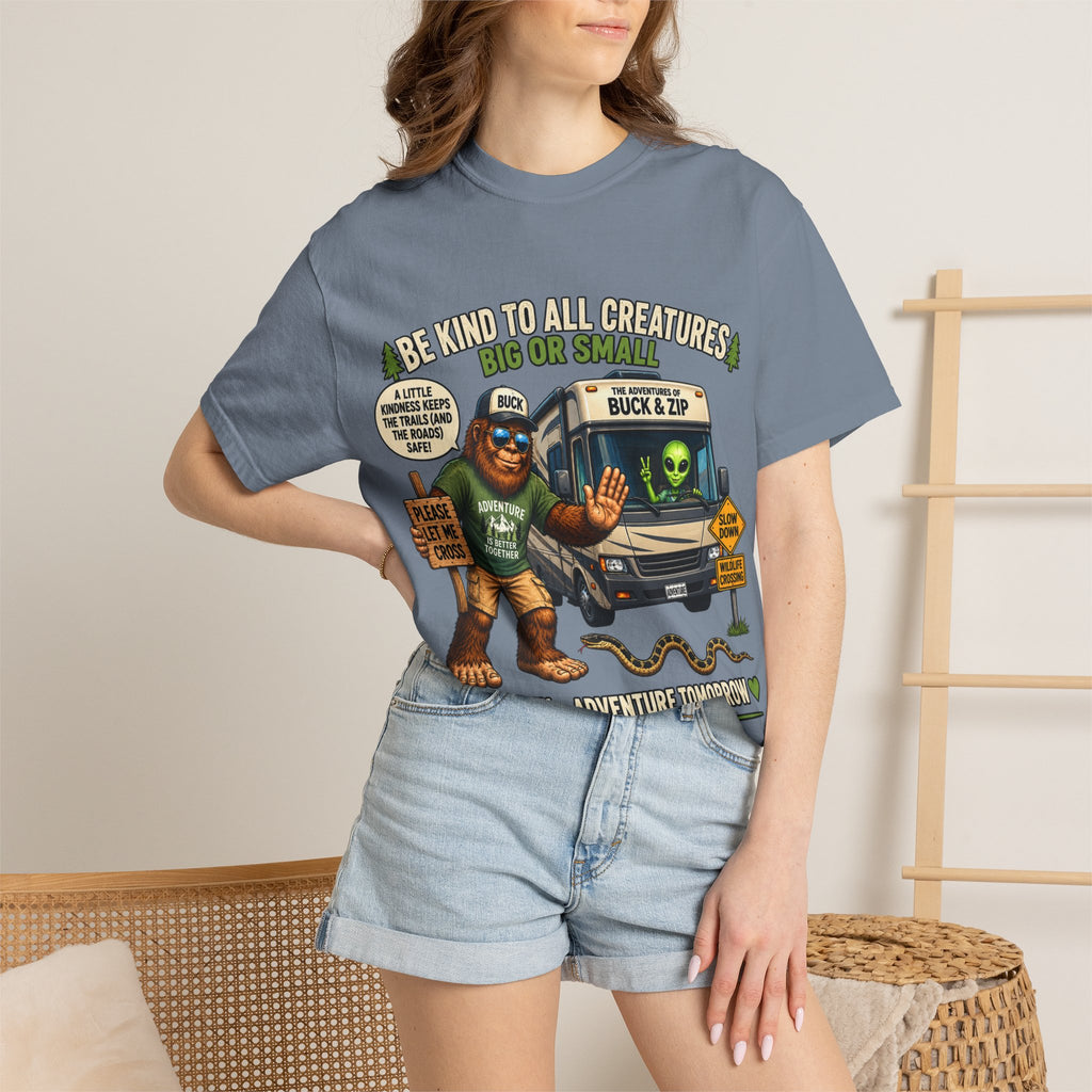 Bigfoot & Alien Rescue T-Shirt — "Be Kind to All Creatures" Adventure Tee