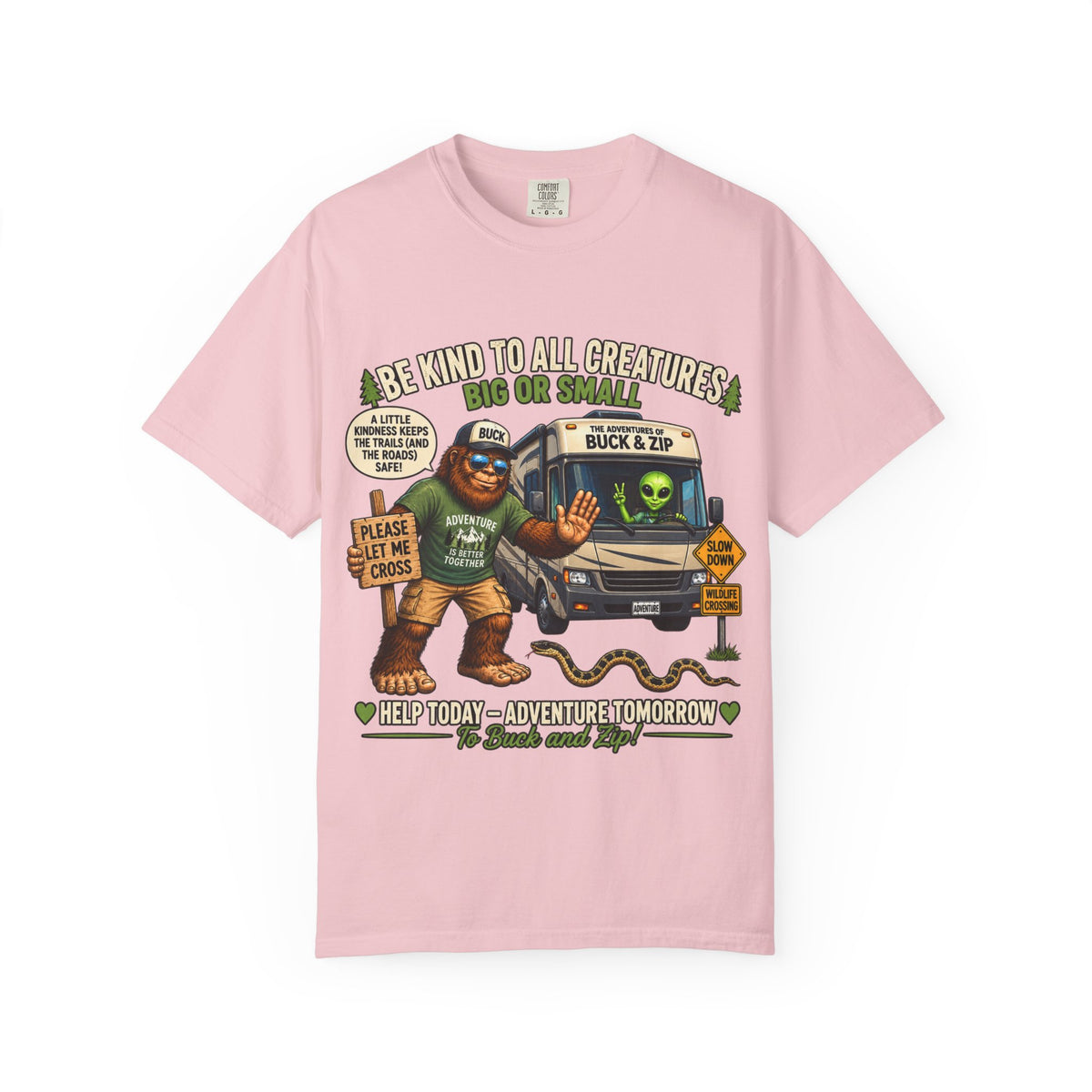Bigfoot & Alien Rescue T-Shirt — "Be Kind to All Creatures" Adventure Tee