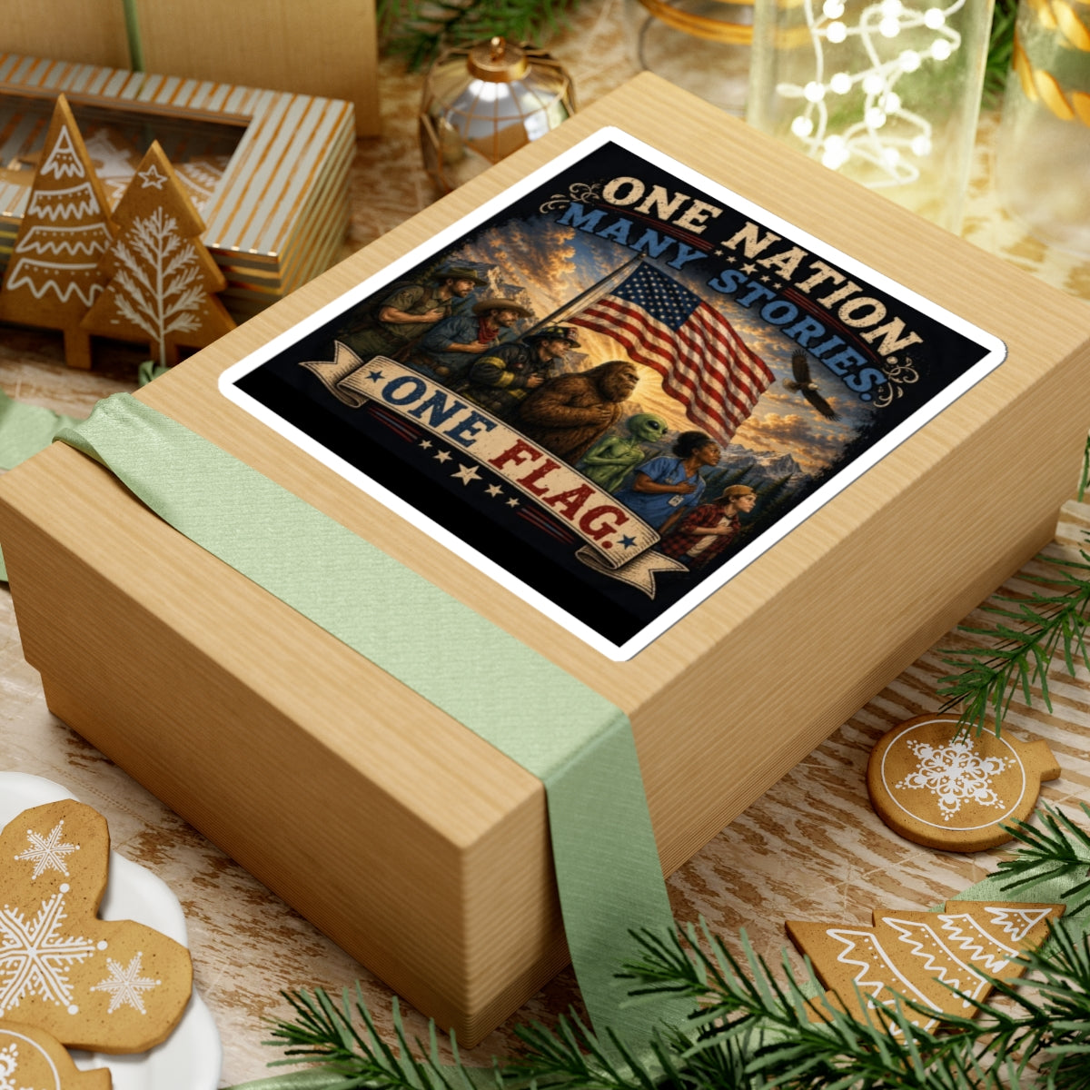 One Nation Many Stories — Patriotic Kiss-Cut Sticker (American Flag & Diverse Heroes)