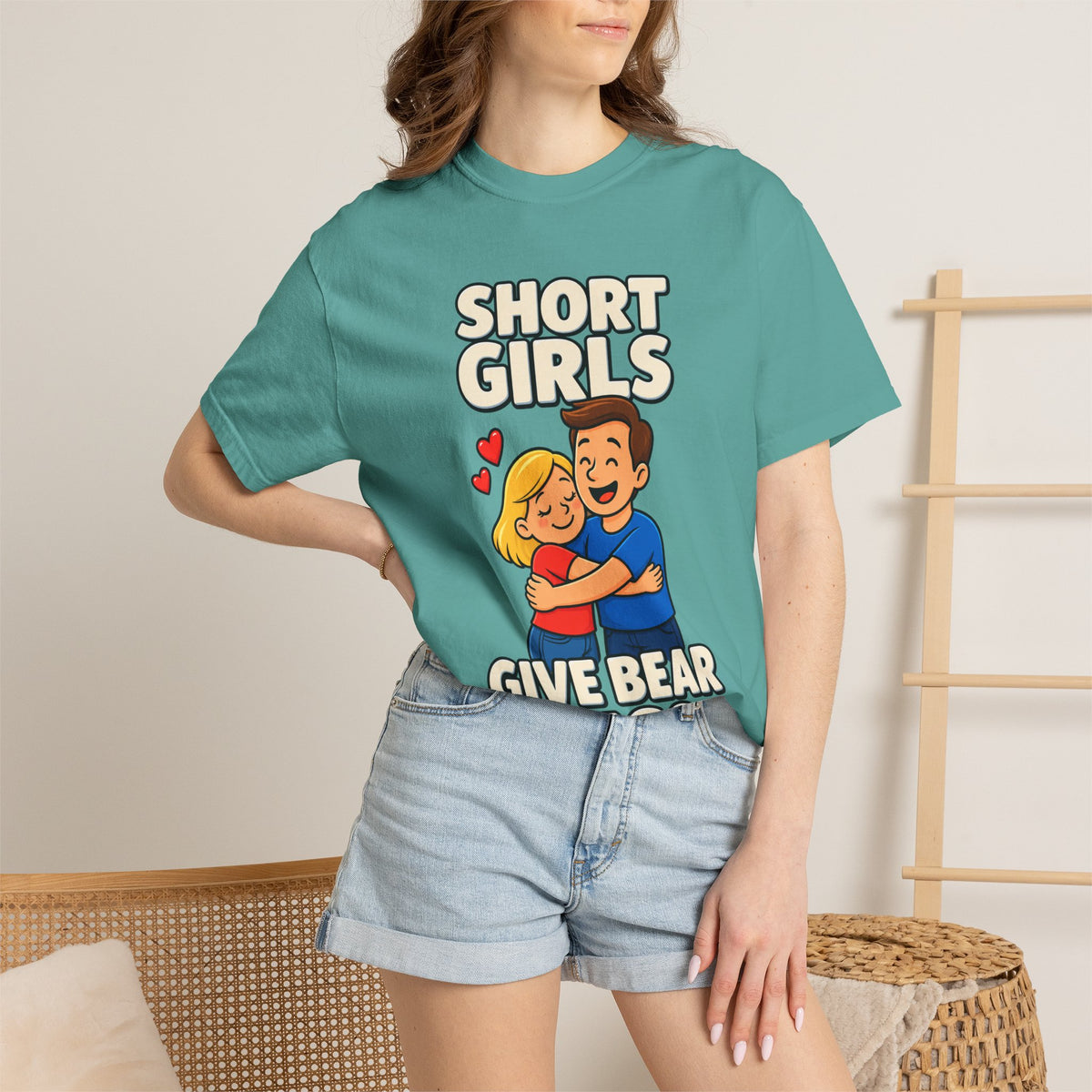 Short Girls Give Bear Hugs T-Shirt — Cute Retro Couple Hug Graphic Tee