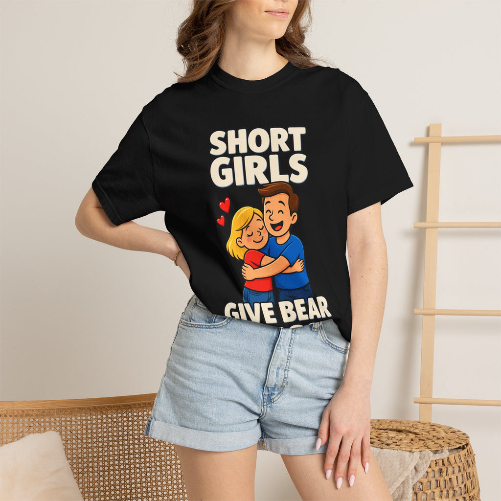 Short Girls Give Bear Hugs T-Shirt — Cute Retro Couple Hug Graphic Tee