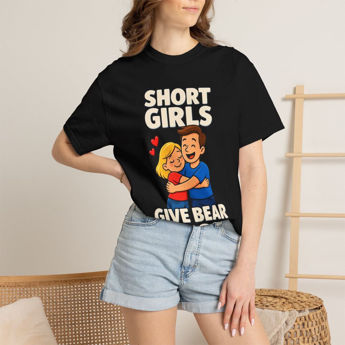 Short Girls Give Bear Hugs T-Shirt — Cute Retro Couple Hug Graphic Tee