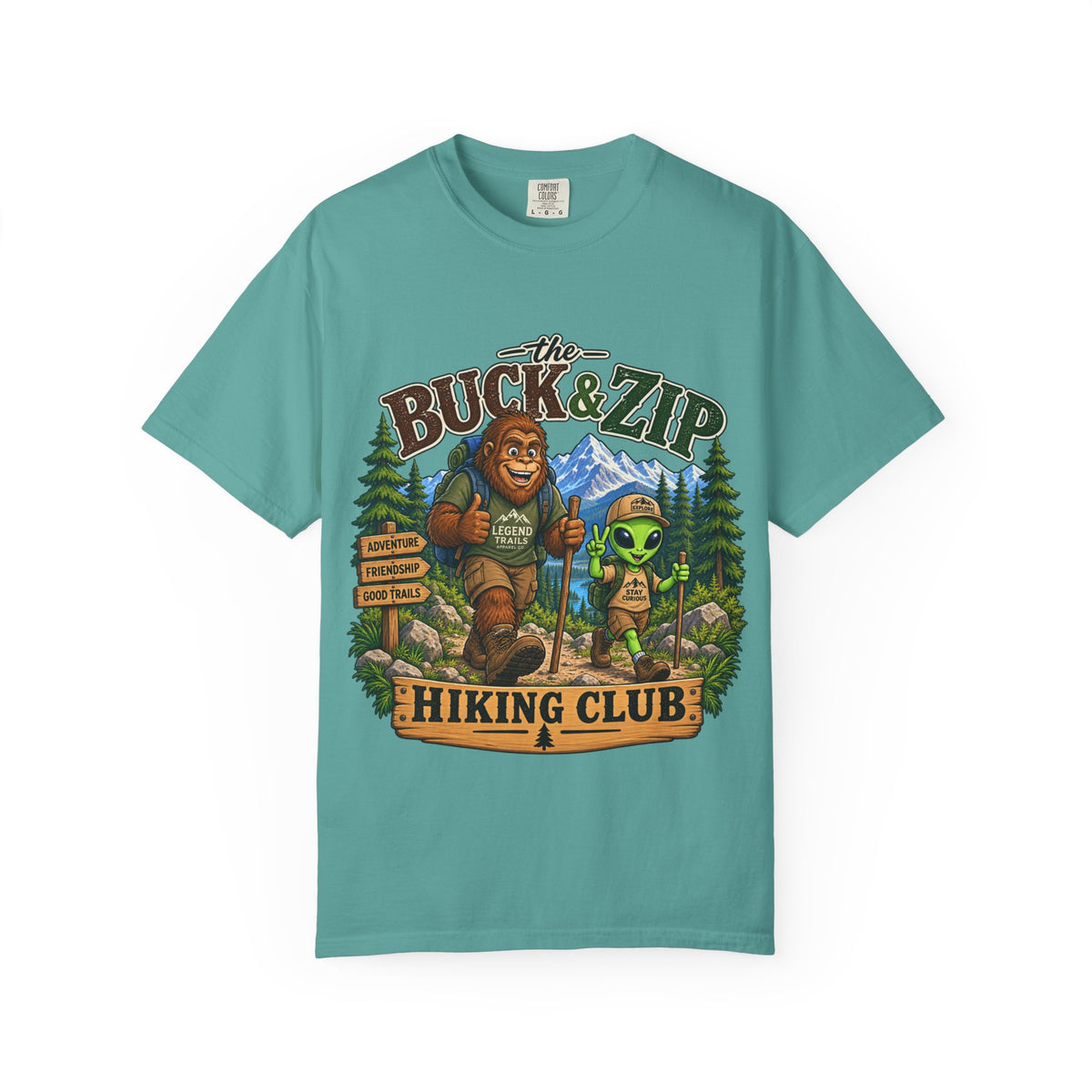 Hiking Club T-Shirt — "The Buck & Zip" Bigfoot & Alien Outdoor Tee