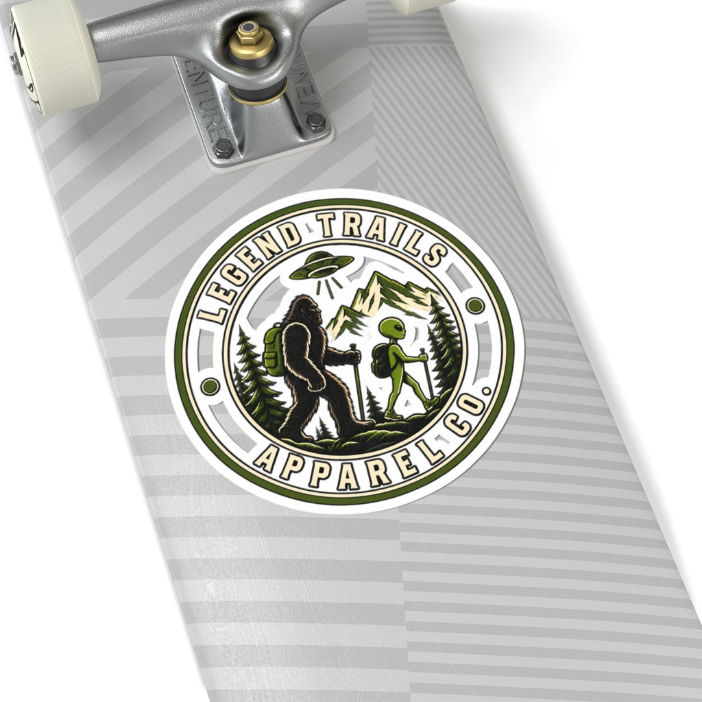 Legend Trails Apparel Co. Kiss-Cut Sticker — Sasquatch & Alien Hiking Badge