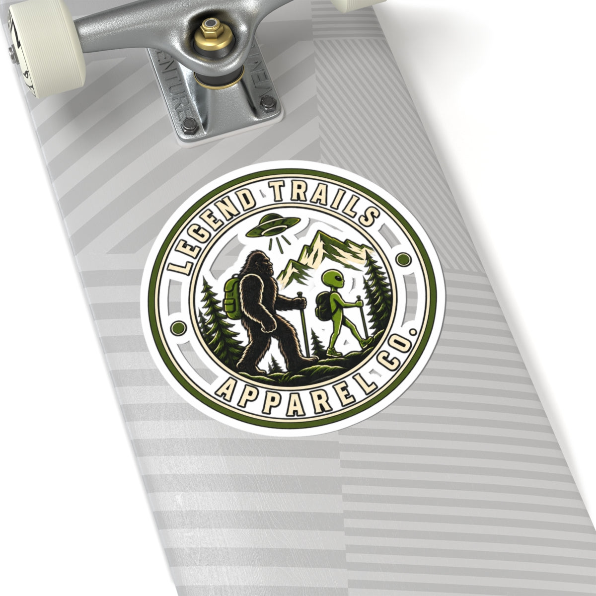 Legend Trails Apparel Co. Kiss-Cut Sticker — Sasquatch & Alien Hiking Badge