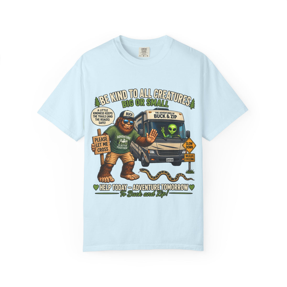 Bigfoot & Alien Rescue T-Shirt — "Be Kind to All Creatures" Adventure Tee