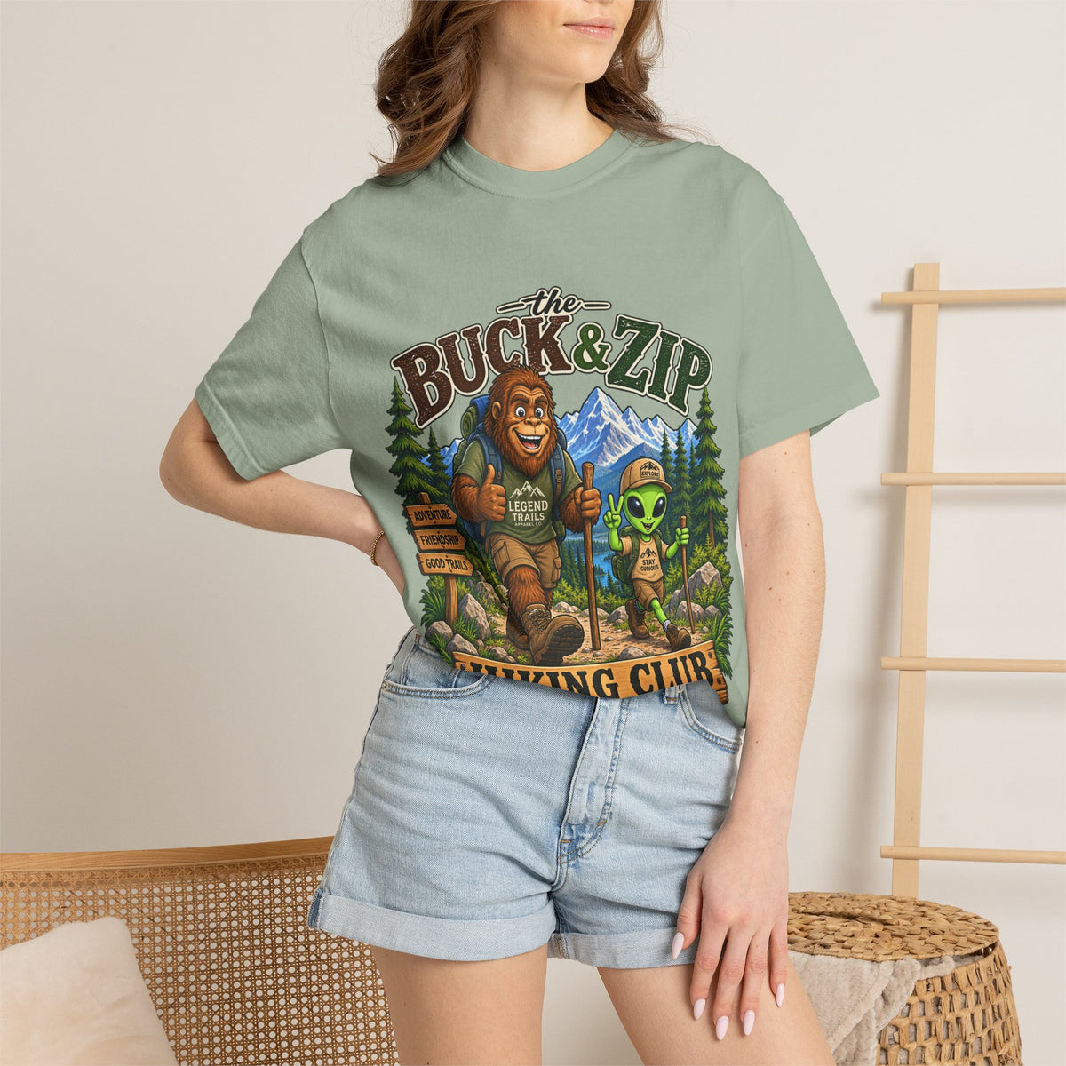 Hiking Club T-Shirt — "The Buck & Zip" Bigfoot & Alien Outdoor Tee