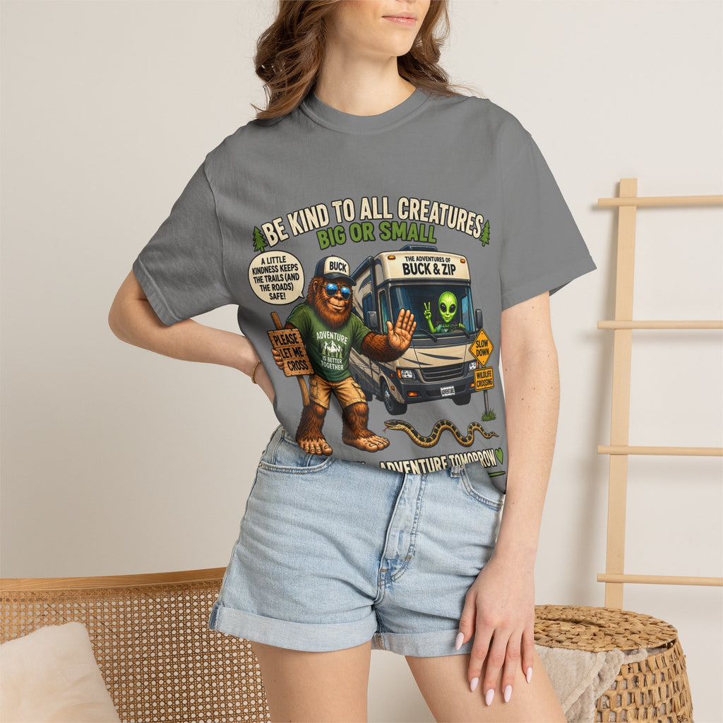 Bigfoot & Alien Rescue T-Shirt — "Be Kind to All Creatures" Adventure Tee