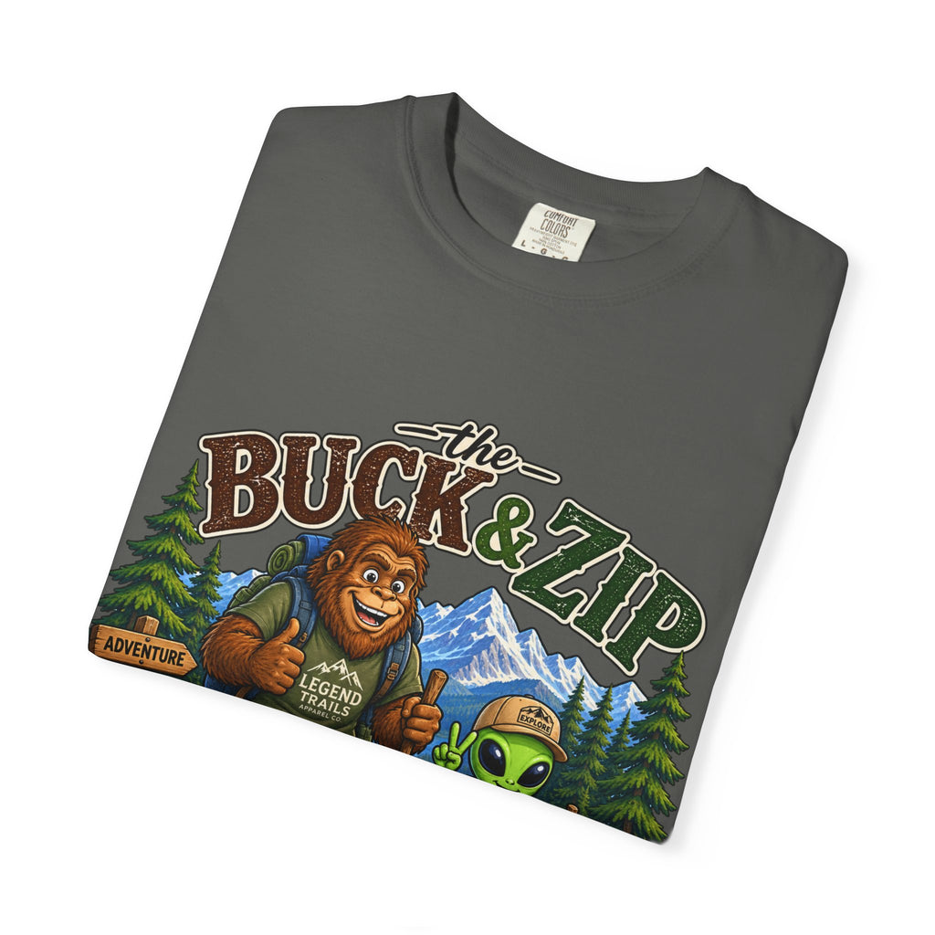 Hiking Club T-Shirt — "The Buck & Zip" Bigfoot & Alien Outdoor Tee