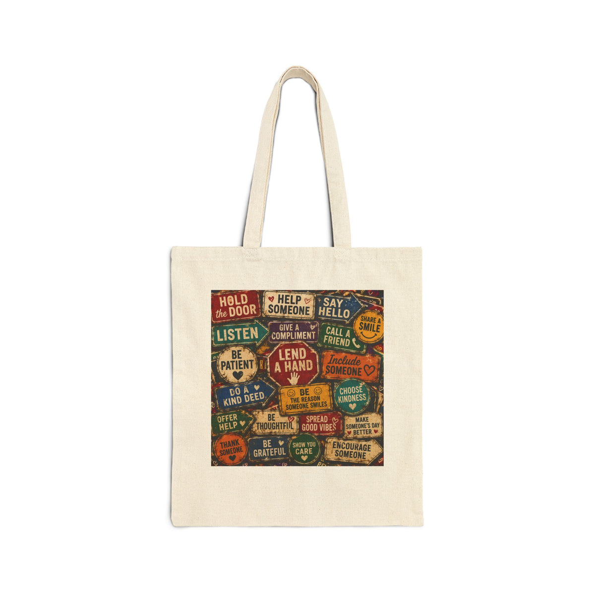 Canvas Tote Bag — Vintage Sign Collage "Be Kind" Eco Shopper