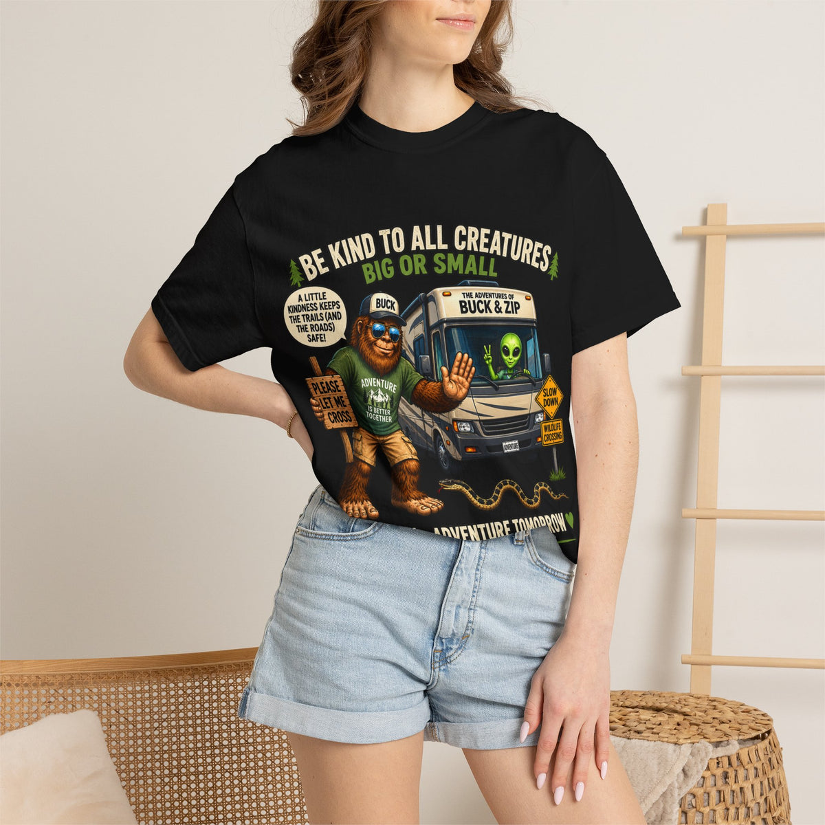 Bigfoot & Alien Rescue T-Shirt — "Be Kind to All Creatures" Adventure Tee