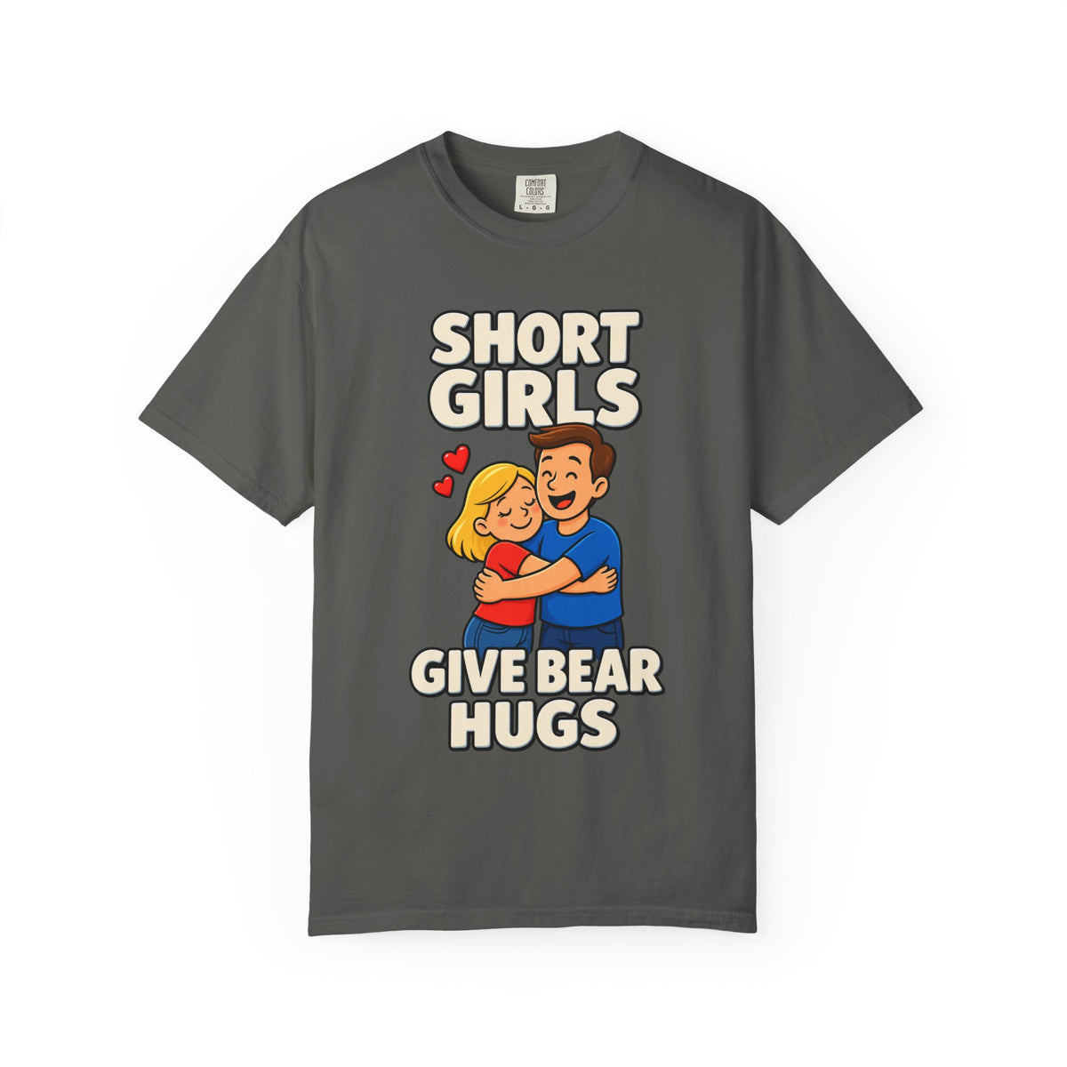 Short Girls Give Bear Hugs T-Shirt — Cute Retro Couple Hug Graphic Tee