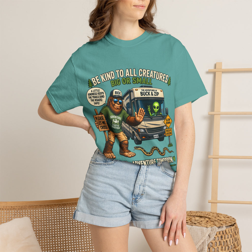 Bigfoot & Alien Rescue T-Shirt — "Be Kind to All Creatures" Adventure Tee