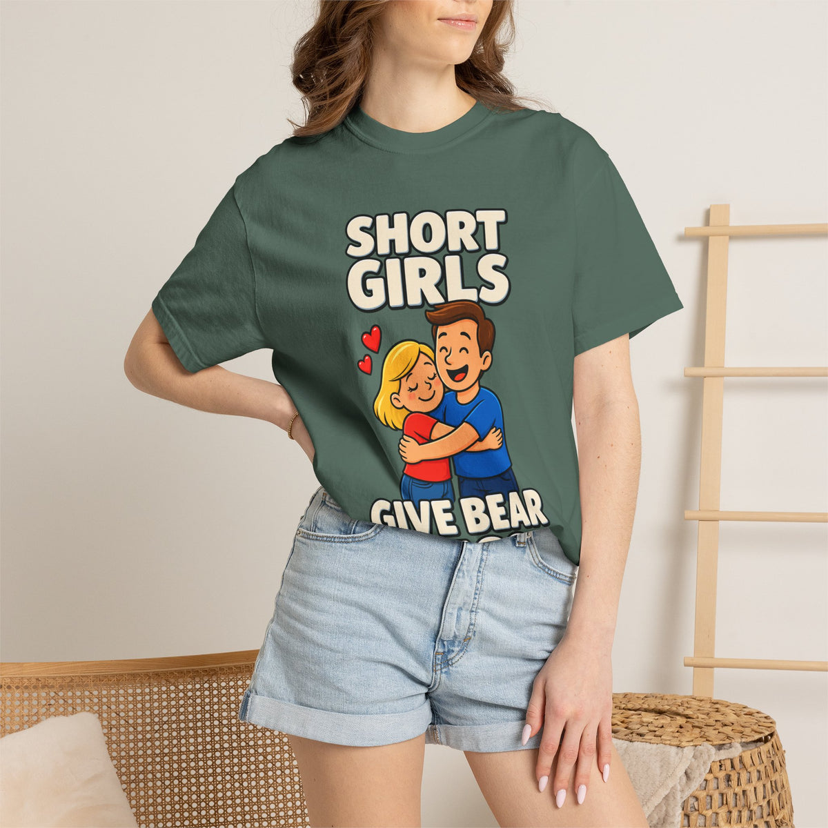 Short Girls Give Bear Hugs T-Shirt — Cute Retro Couple Hug Graphic Tee
