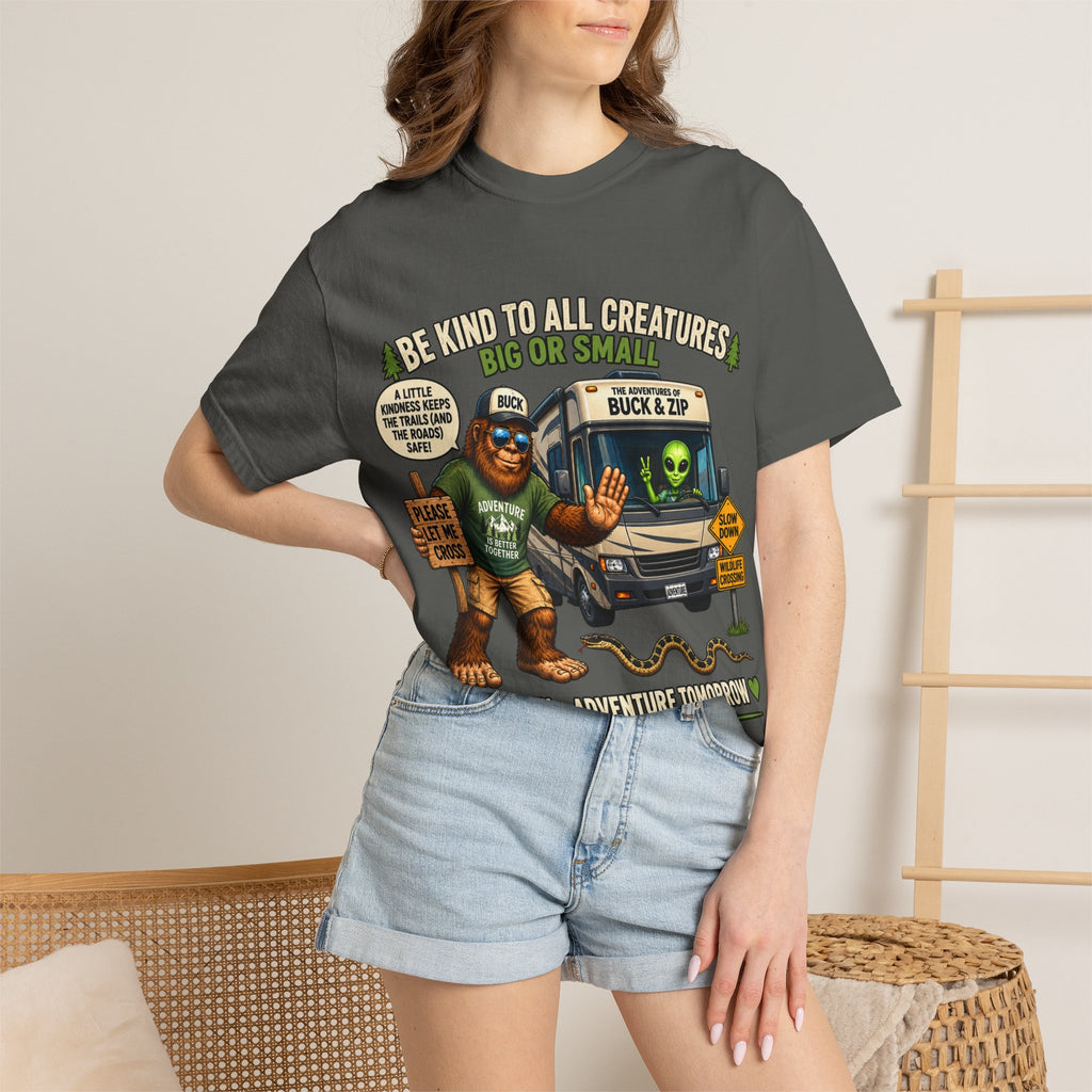 Bigfoot & Alien Rescue T-Shirt — "Be Kind to All Creatures" Adventure Tee