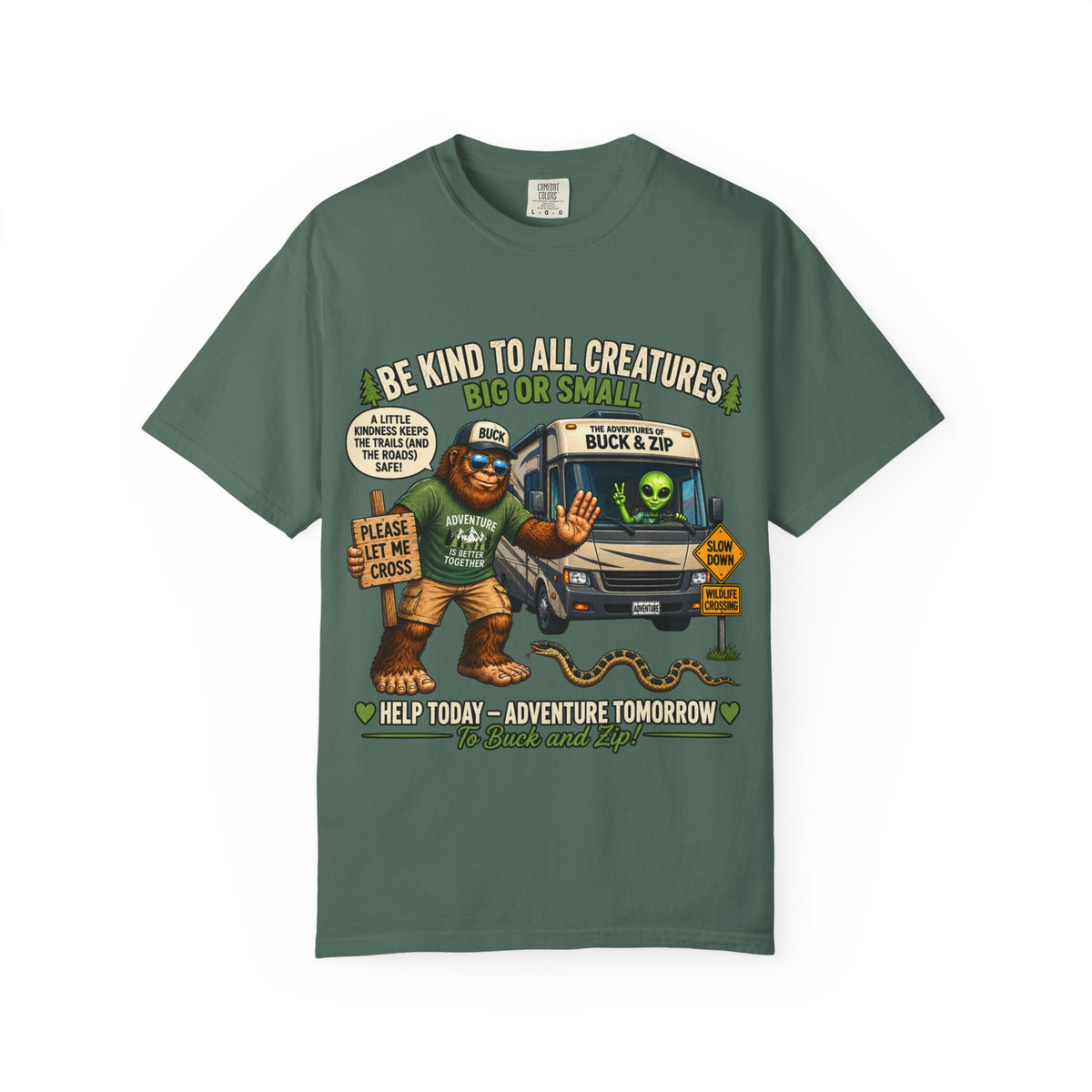 Bigfoot & Alien Rescue T-Shirt — "Be Kind to All Creatures" Adventure Tee