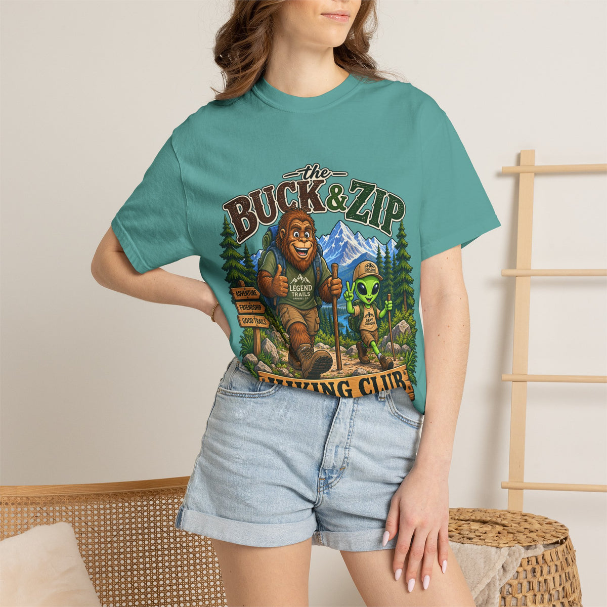 Hiking Club T-Shirt — "The Buck & Zip" Bigfoot & Alien Outdoor Tee