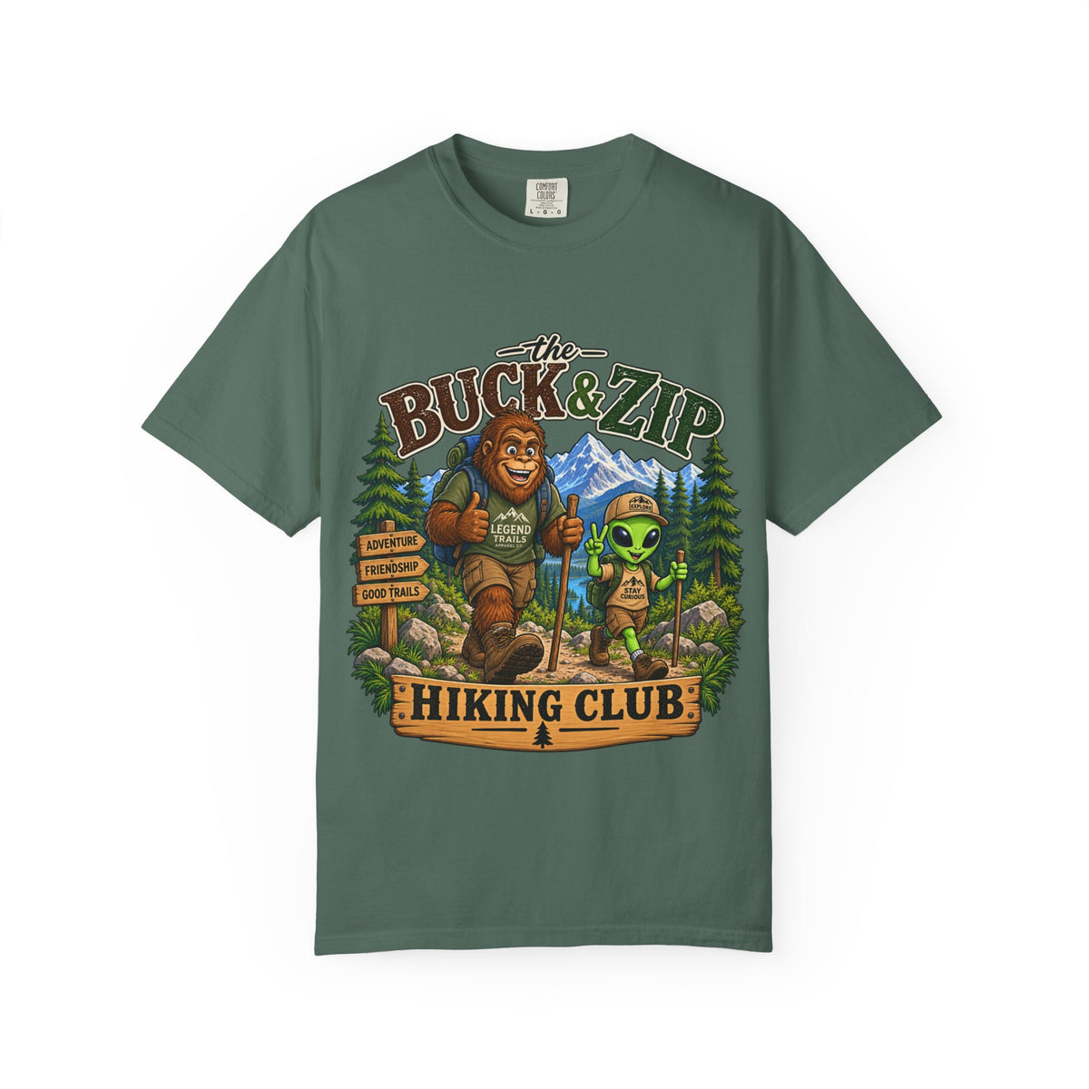 Hiking Club T-Shirt — "The Buck & Zip" Bigfoot & Alien Outdoor Tee