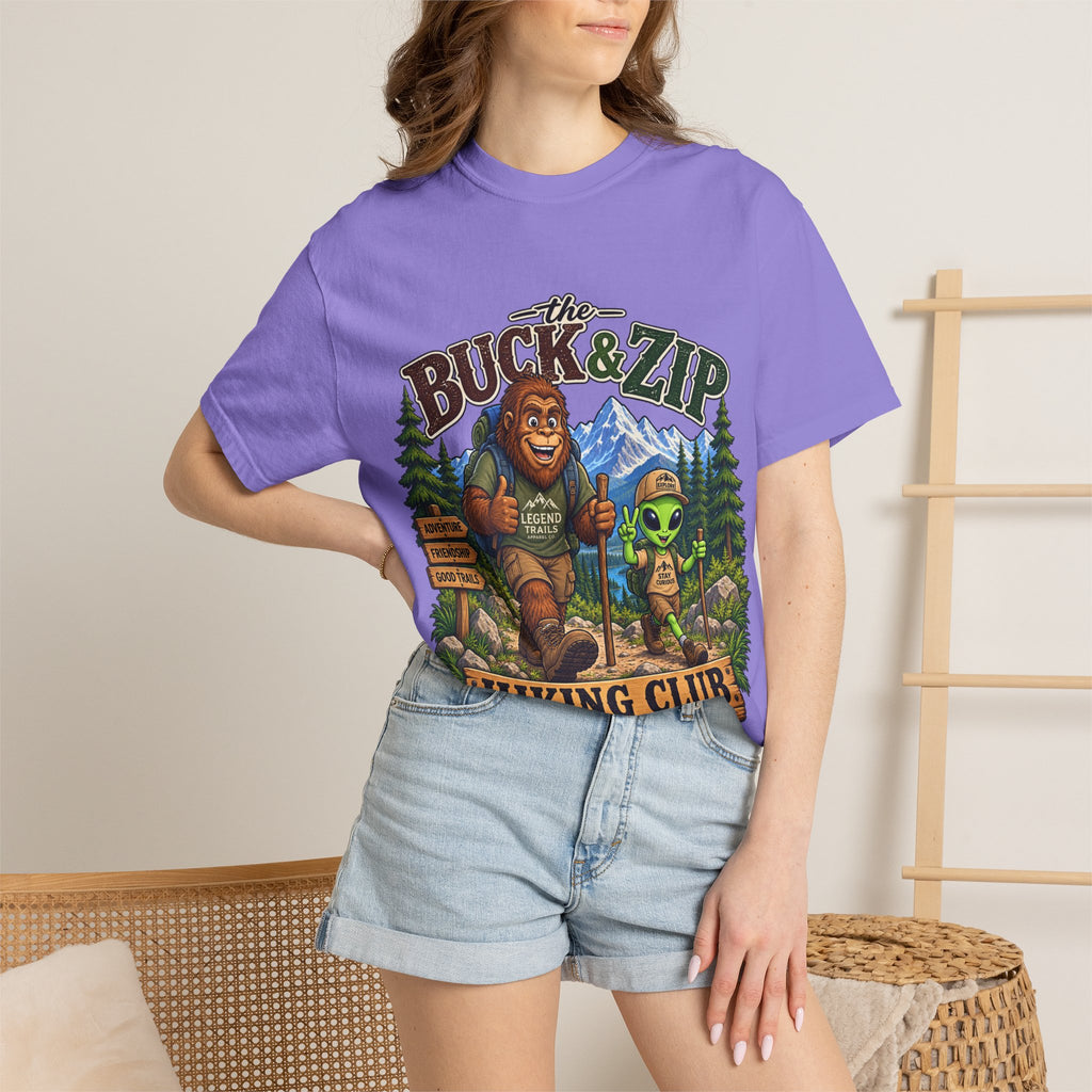Hiking Club T-Shirt — "The Buck & Zip" Bigfoot & Alien Outdoor Tee