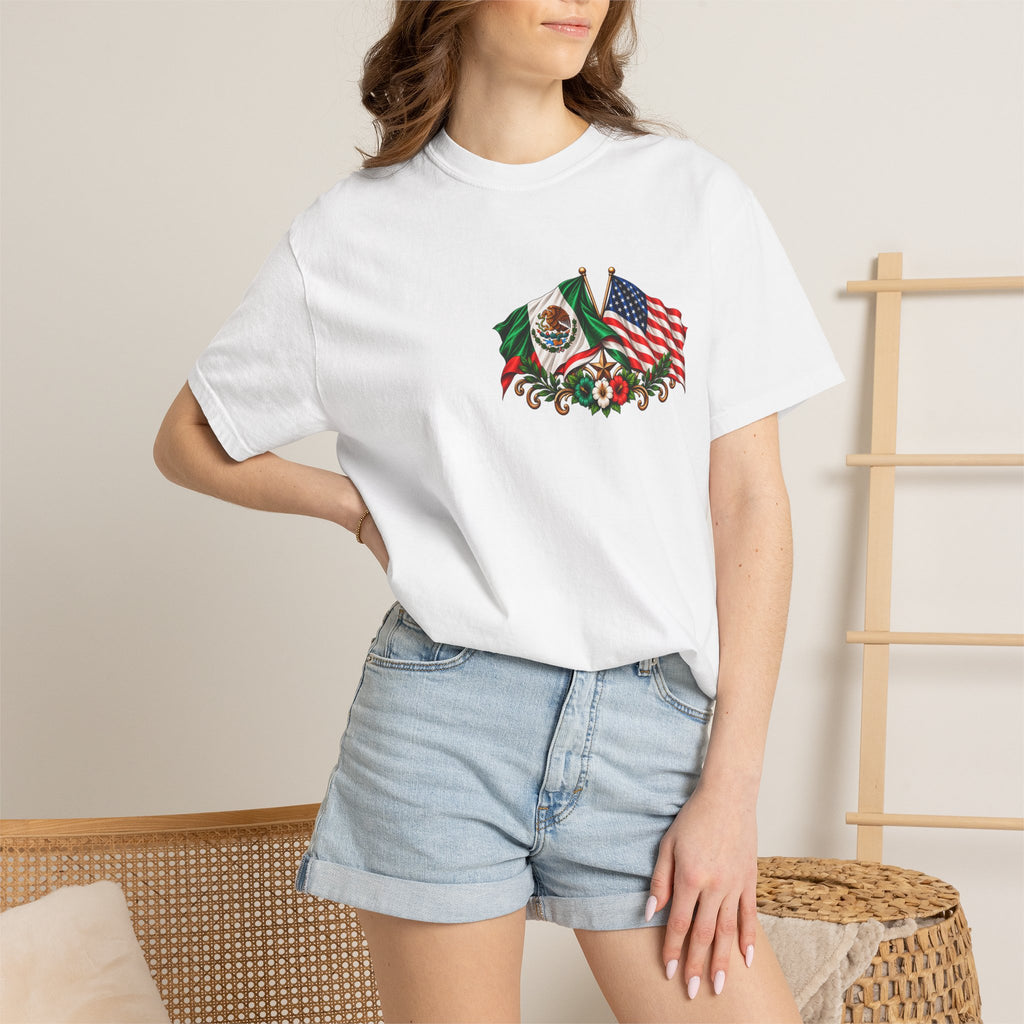 Proud of My Roots T-Shirt — "Orgulloso de mis Raíces / Orgulloso de ser Americano" USA-Mexico Heritage Tee