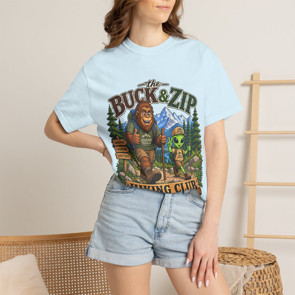 Hiking Club T-Shirt — "The Buck & Zip" Bigfoot & Alien Outdoor Tee