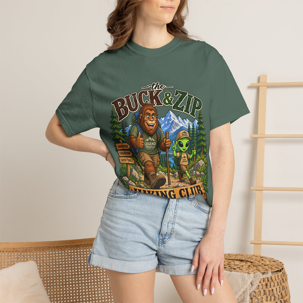 Hiking Club T-Shirt — "The Buck & Zip" Bigfoot & Alien Outdoor Tee