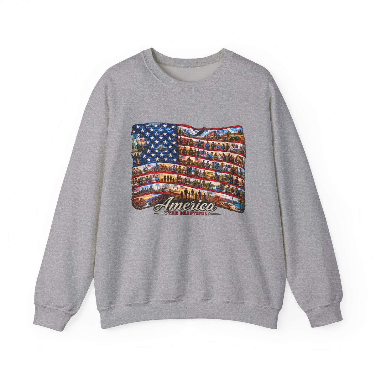 American Flag Crewneck Sweatshirt — "America the Beautiful" Patriotic Pullover