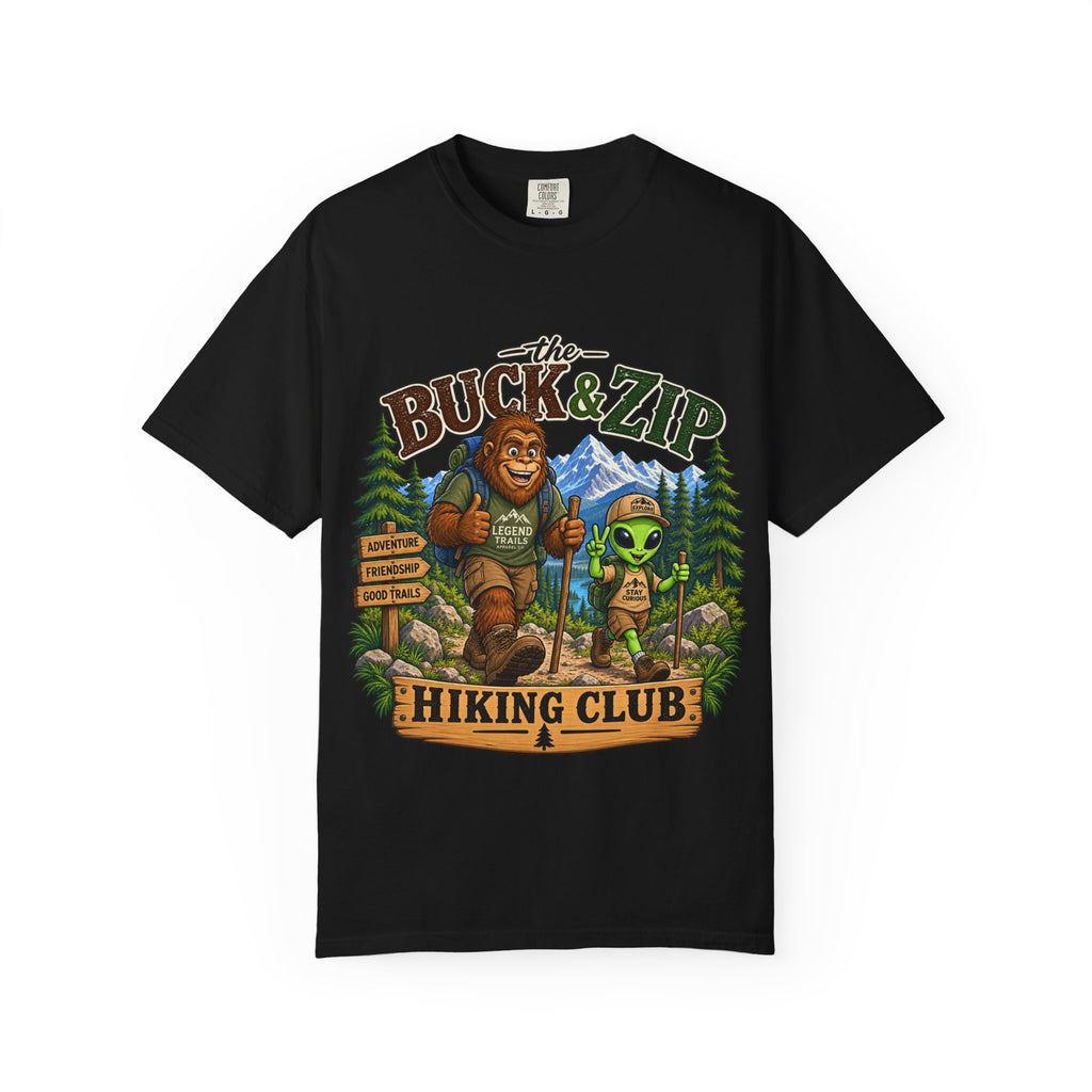 Hiking Club T-Shirt — "The Buck & Zip" Bigfoot & Alien Outdoor Tee