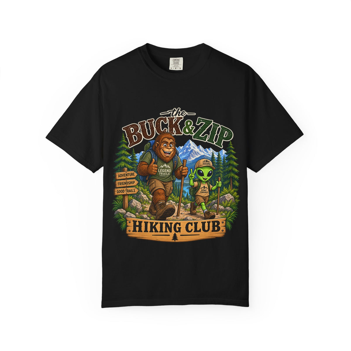 Hiking Club T-Shirt — "The Buck & Zip" Bigfoot & Alien Outdoor Tee