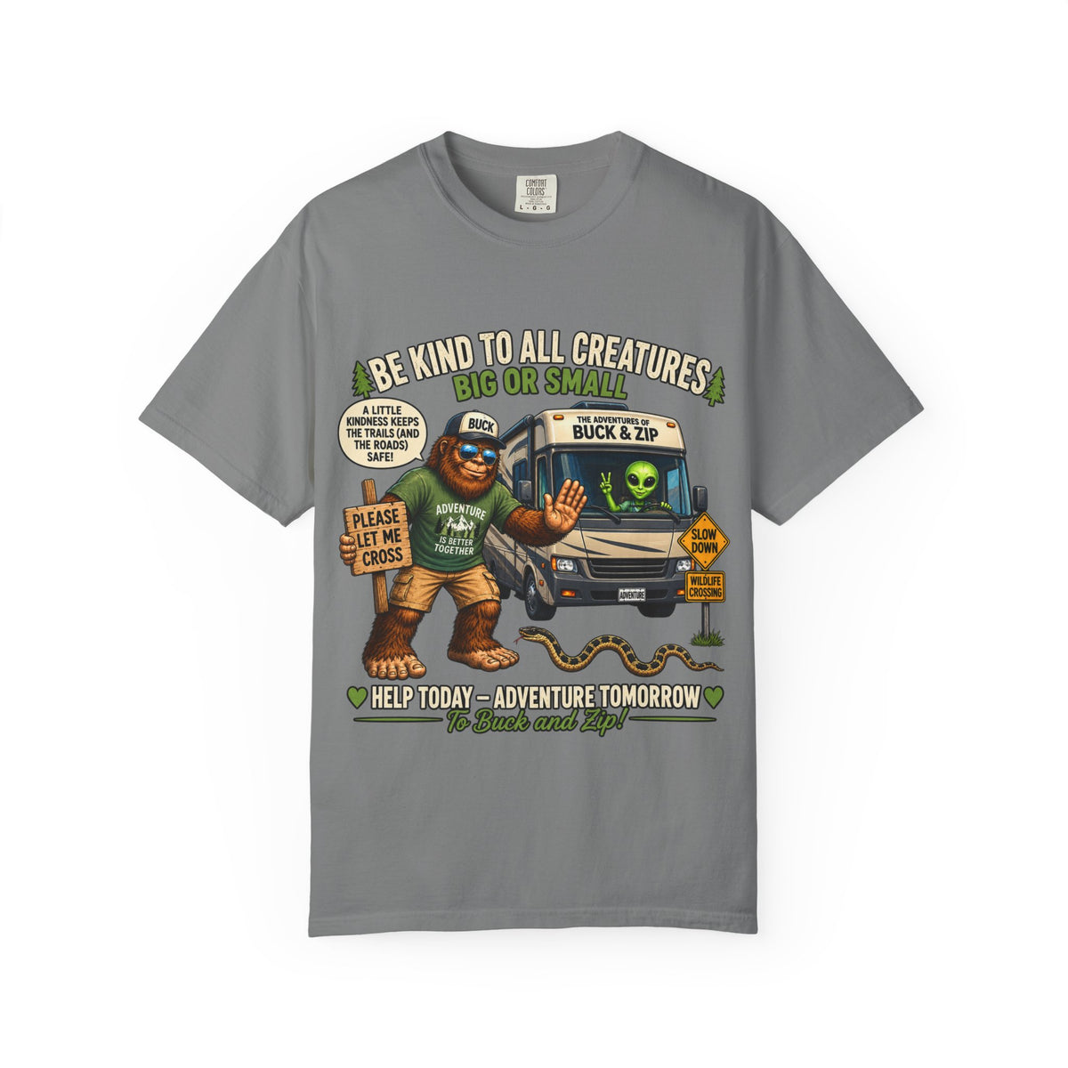 Bigfoot & Alien Rescue T-Shirt — "Be Kind to All Creatures" Adventure Tee