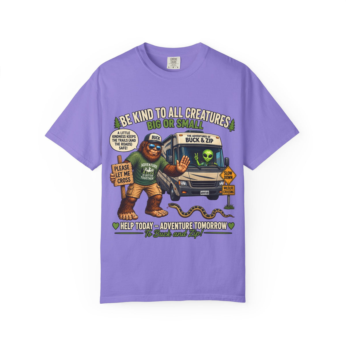 Bigfoot & Alien Rescue T-Shirt — "Be Kind to All Creatures" Adventure Tee