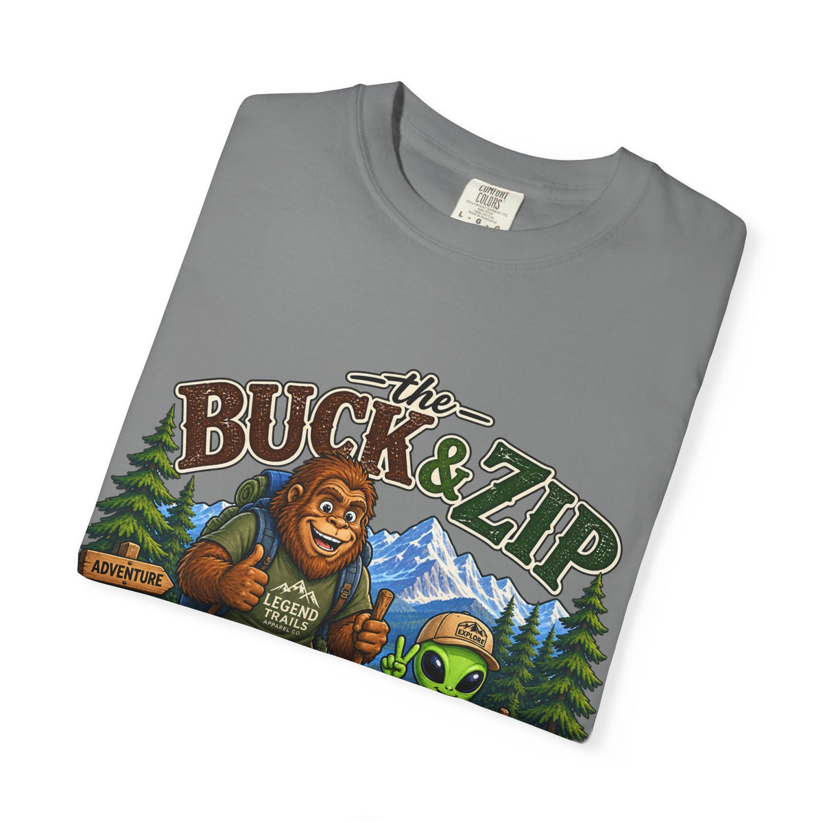 Hiking Club T-Shirt — "The Buck & Zip" Bigfoot & Alien Outdoor Tee