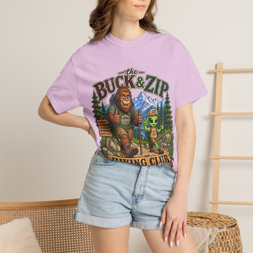 Hiking Club T-Shirt — "The Buck & Zip" Bigfoot & Alien Outdoor Tee
