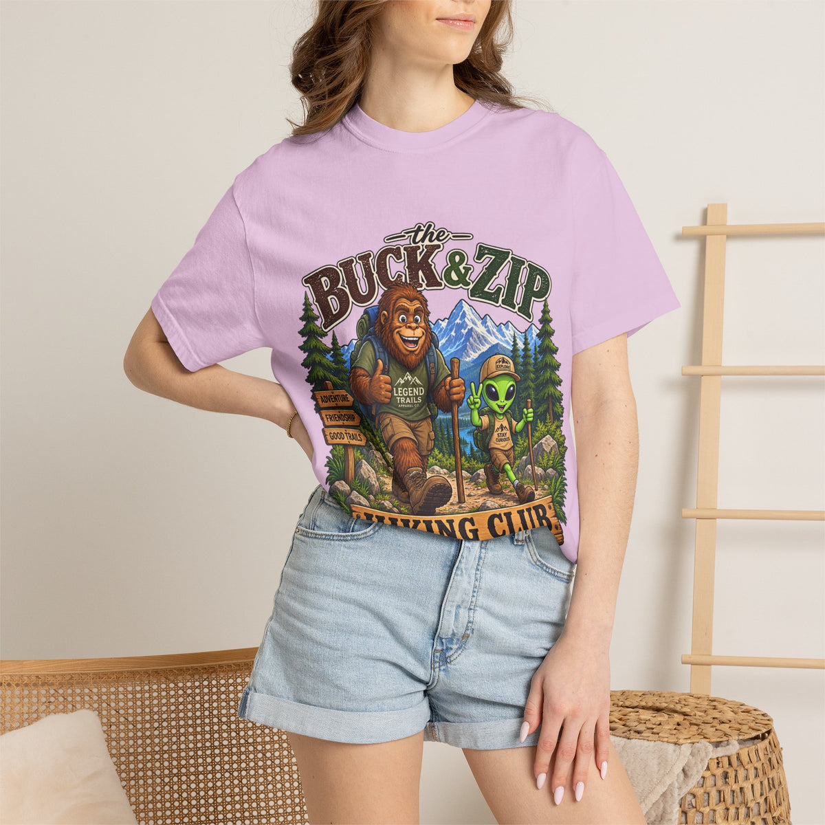 Hiking Club T-Shirt — "The Buck & Zip" Bigfoot & Alien Outdoor Tee